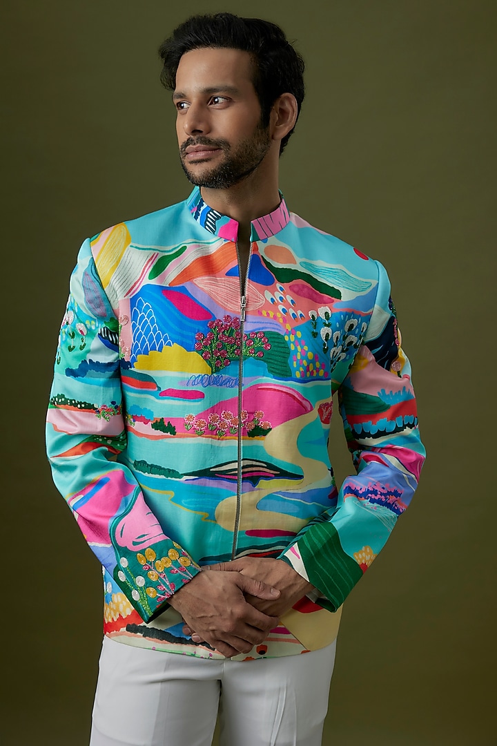 Blue Linen Satin Printed Bomber Jacket by Jayesh and Kaajal Shah Men at Pernia's Pop Up Shop