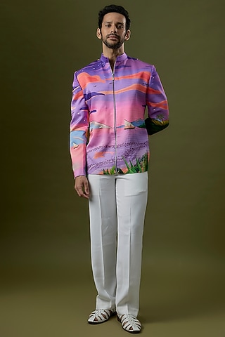 Pink Linen Satin Printed Bomber Jacket by Jayesh and Kaajal Shah Men