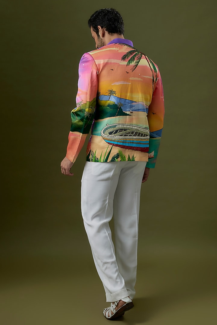 Pink Linen Satin Printed Bomber Jacket by Jayesh and Kaajal Shah Men at Pernia's Pop Up Shop