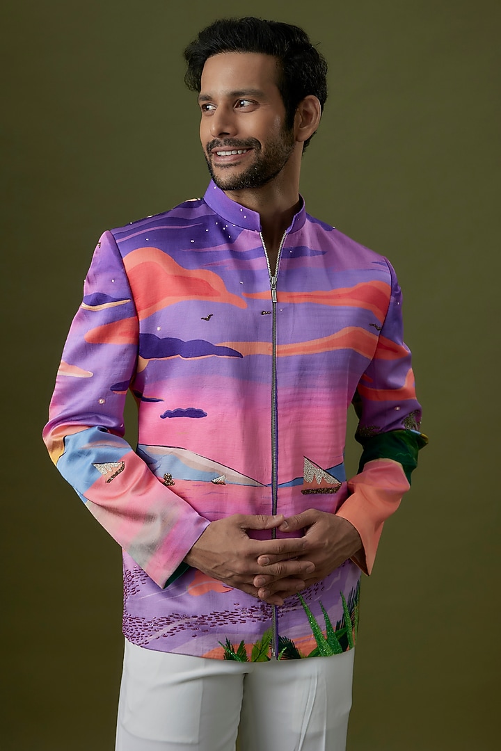 Pink Linen Satin Printed Bomber Jacket by Jayesh and Kaajal Shah Men at Pernia's Pop Up Shop