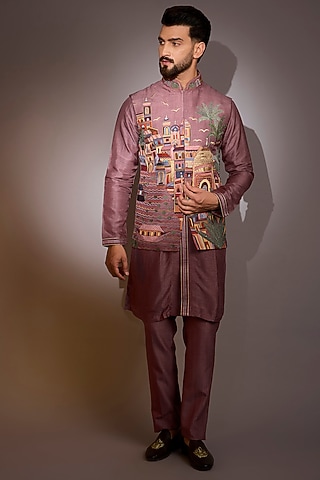 Multi-Colored Nokia Silk Printed Bundi Jacket Set by Jayesh and Kaajal Shah Men