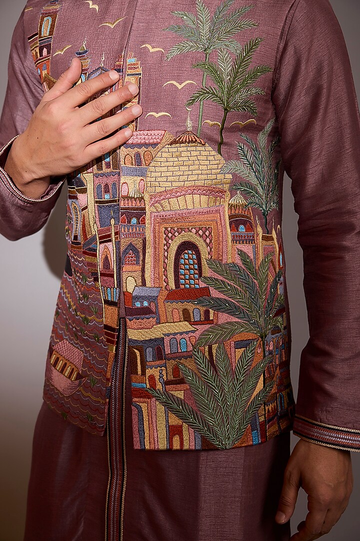 Multi-Colored Nokia Silk Printed Bundi Jacket Set by Jayesh and Kaajal Shah Men at Pernia's Pop Up Shop