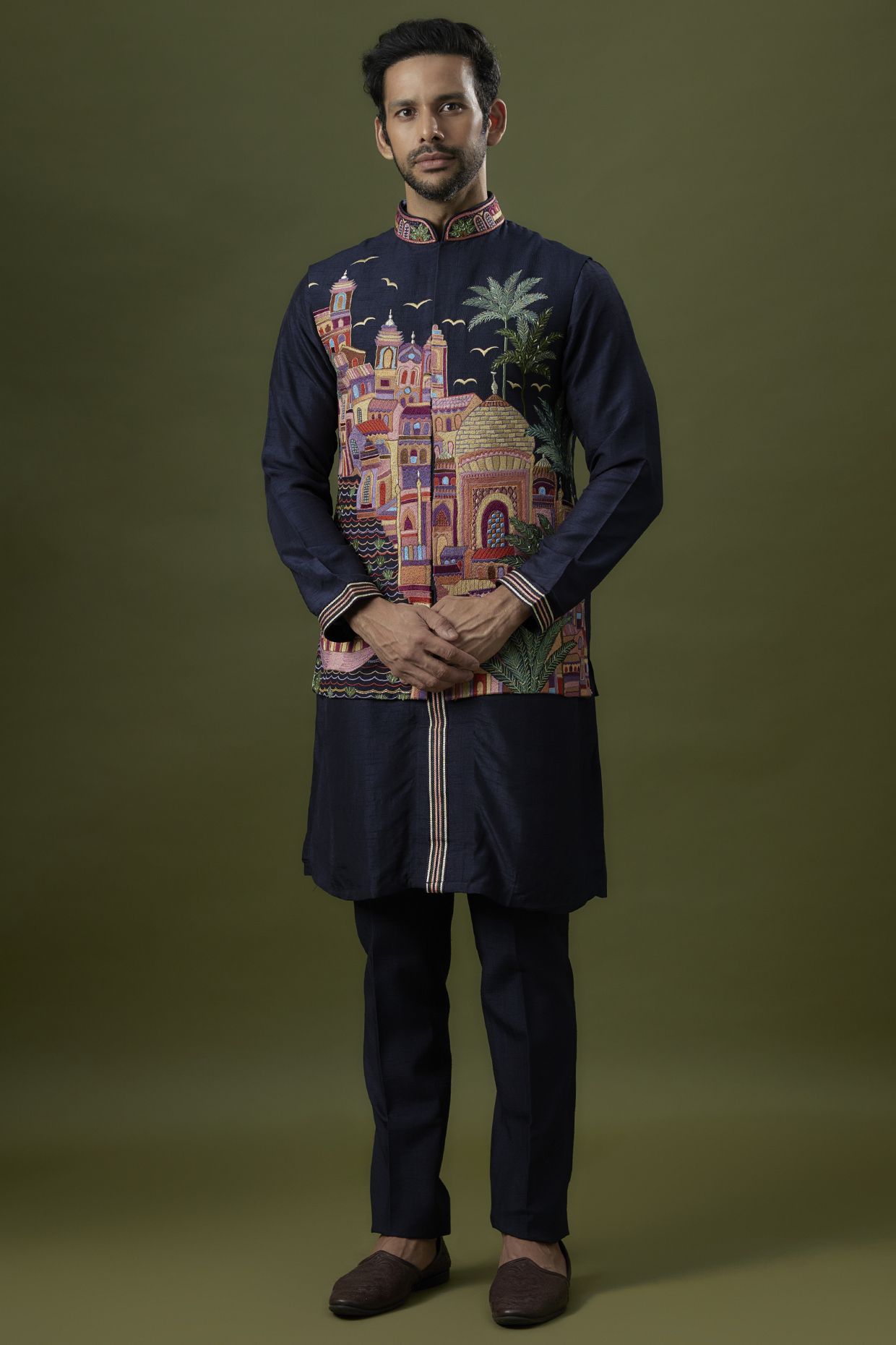 Navy Blue Silk Blend Embroidered Nehru Jacket Set by Jayesh and Kaajal Shah