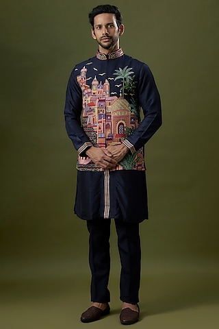 Navy Blue Silk Blend Embroidered Nehru Jacket Set by Jayesh and Kaajal Shah Men