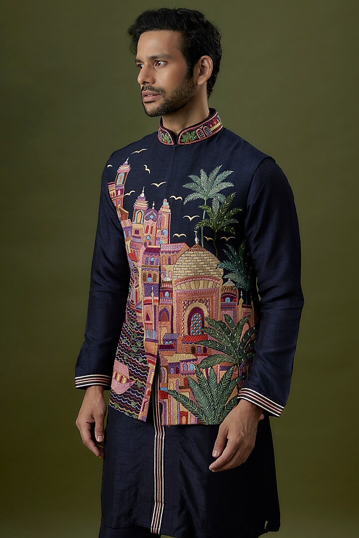 Navy Blue Silk Blend Embroidered Nehru Jacket Set by Jayesh and Kaajal Shah Men at Pernia's Pop Up Shop