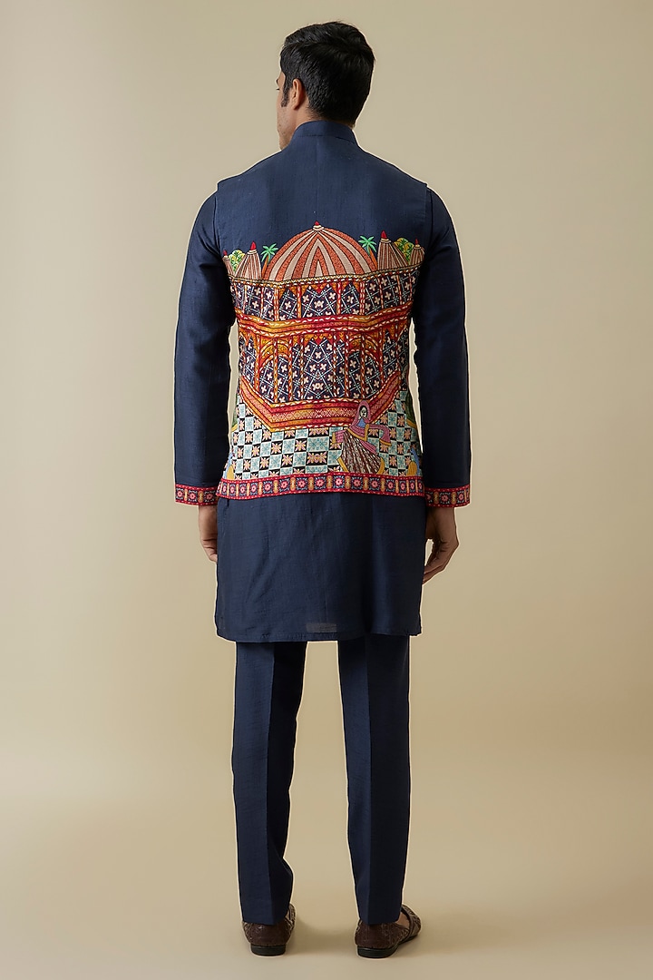 Royal Blue Nokia Silk Bundi Jacket Set by Jayesh and Kaajal Shah Men at Pernia's Pop Up Shop