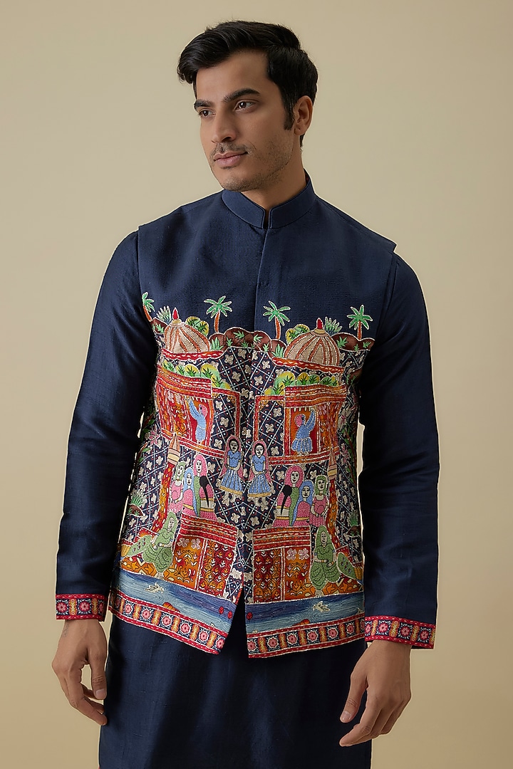Royal Blue Nokia Silk Bundi Jacket Set by Jayesh and Kaajal Shah Men at Pernia's Pop Up Shop
