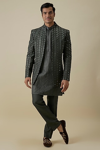 Charcoal Lucknowi Indowestern Set by Jayesh and Kaajal Shah Men