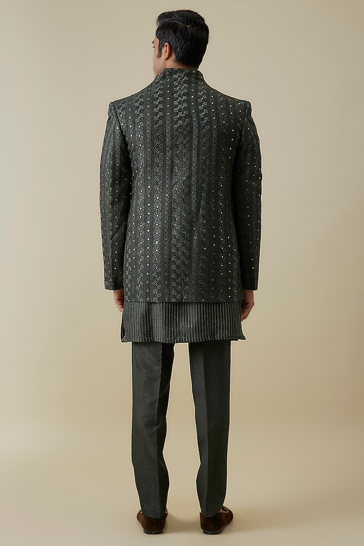 Charcoal Lucknowi Wedding Indowestern Set by Jayesh and Kaajal Shah Men at Pernia's Pop Up Shop