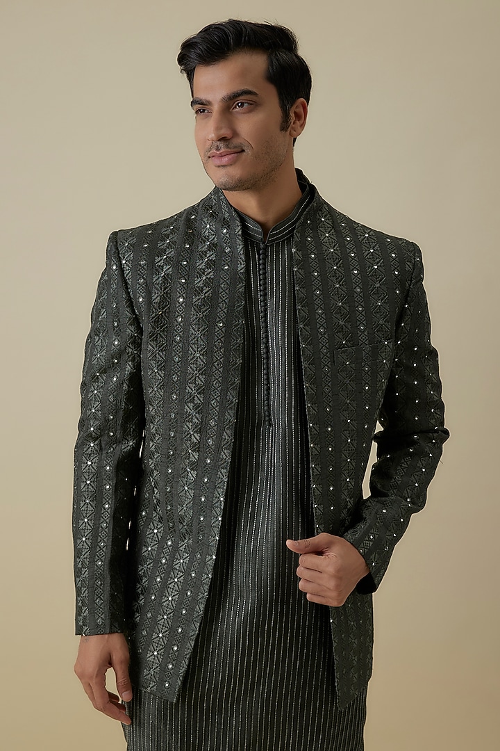 Charcoal Lucknowi Wedding Indowestern Set by Jayesh and Kaajal Shah Men at Pernia's Pop Up Shop