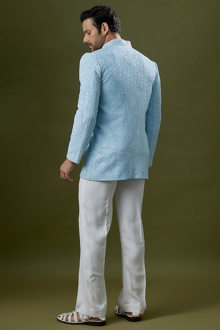 Blue Raw Silk Thread Embroidered Wedding Indowestern Set by Jayesh and Kaajal Shah Men at Pernia's Pop Up Shop