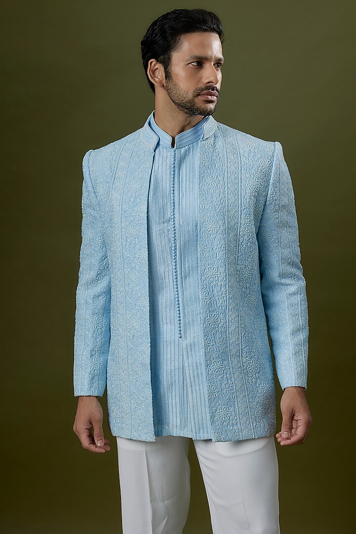 Blue Raw Silk Thread Embroidered Wedding Indowestern Set by Jayesh and Kaajal Shah Men at Pernia's Pop Up Shop