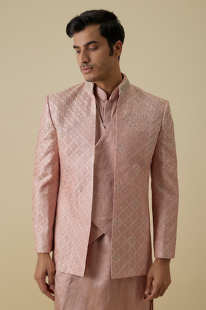 Pink Lucknowi Wedding Indowestern Set by Jayesh and Kaajal Shah Men at Pernia's Pop Up Shop
