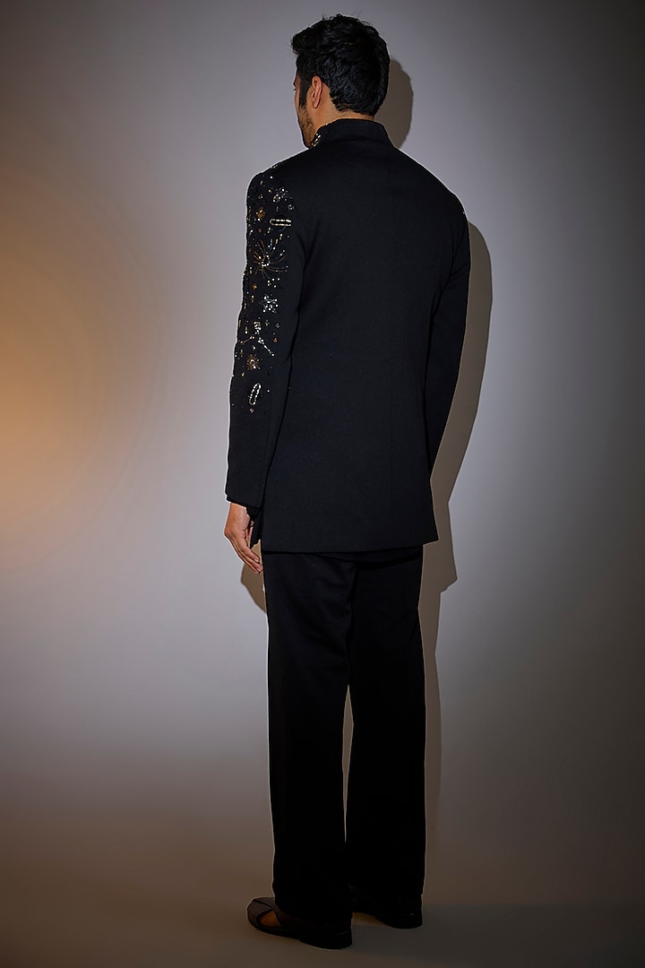 Black Silk Embroidered Wedding Indowestern Jacket Set by Jayesh and Kaajal Shah Men at Pernia's Pop Up Shop