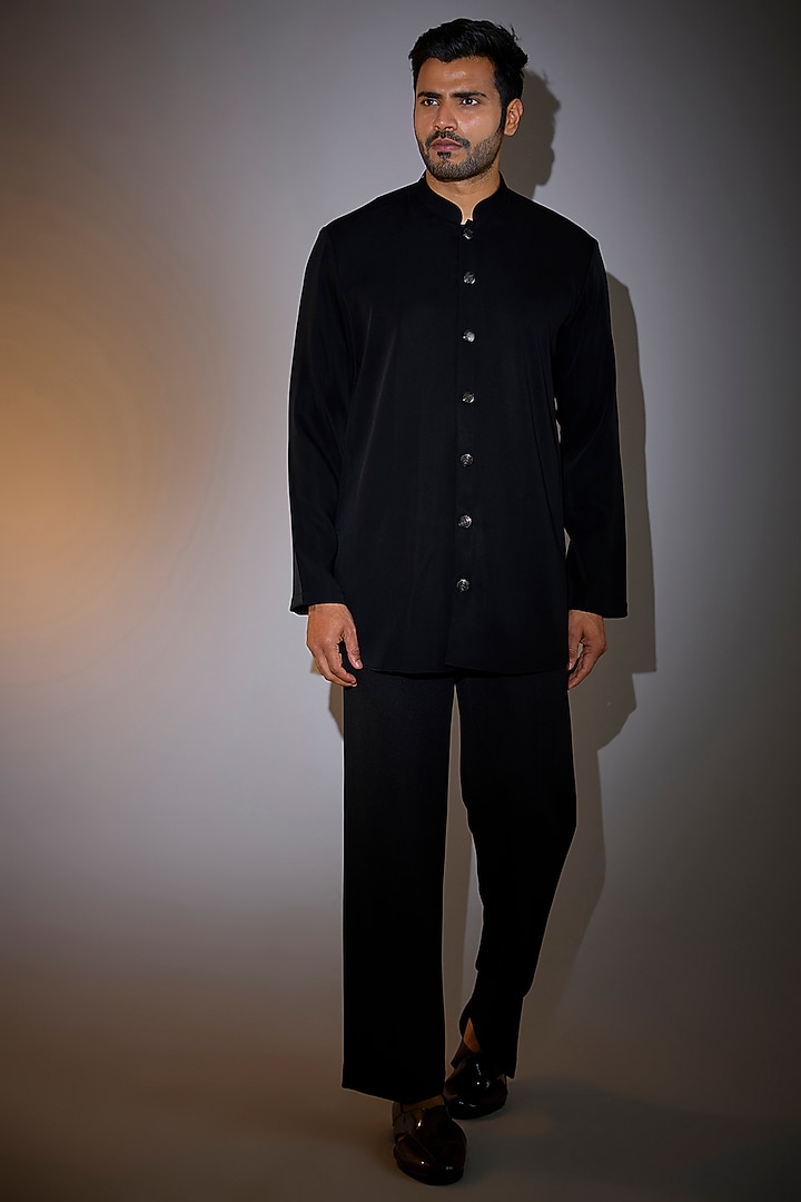Black Silk Embroidered Wedding Indowestern Jacket Set by Jayesh and Kaajal Shah Men at Pernia's Pop Up Shop