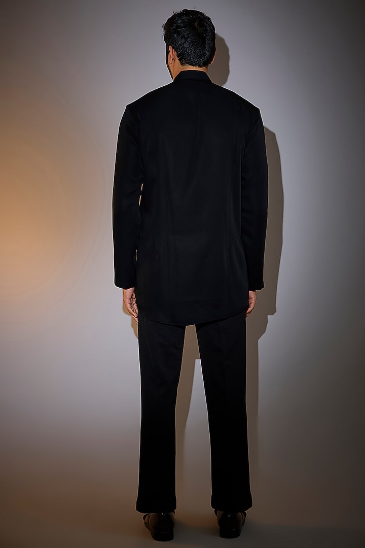 Black Silk Embroidered Wedding Indowestern Jacket Set by Jayesh and Kaajal Shah Men at Pernia's Pop Up Shop