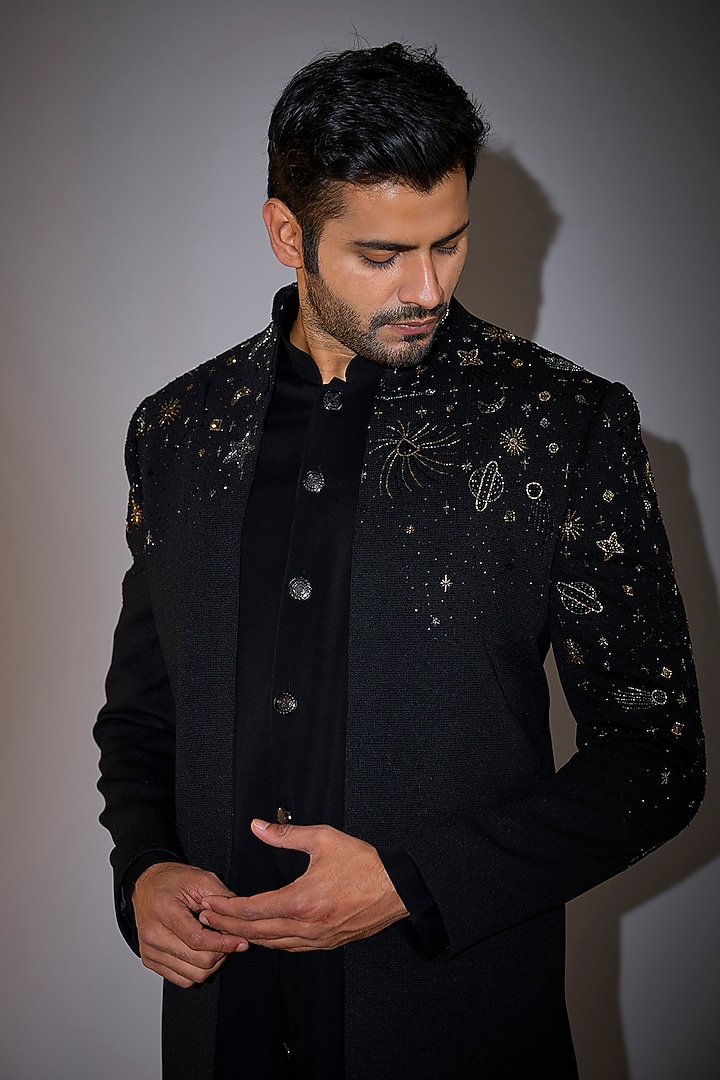Black Silk Embroidered Wedding Indowestern Jacket Set by Jayesh and Kaajal Shah Men at Pernia's Pop Up Shop