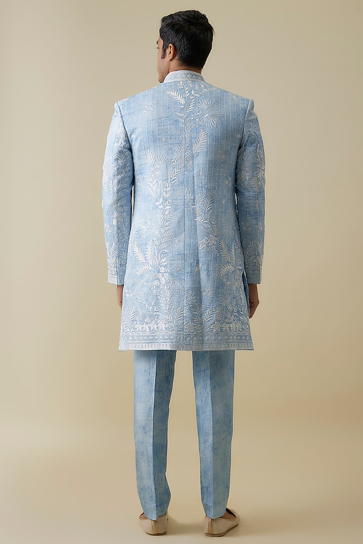 Powder Blue Lucknowi Wedding Indowestern Set by Jayesh and Kaajal Shah Men at Pernia's Pop Up Shop