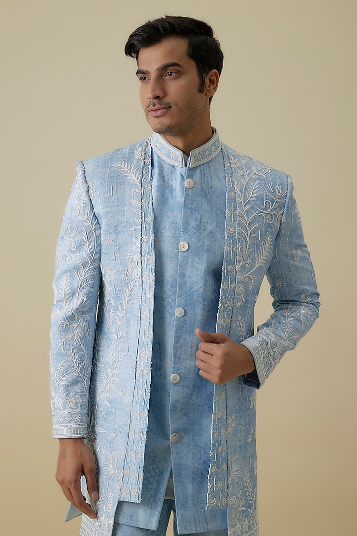 Powder Blue Lucknowi Wedding Indowestern Set by Jayesh and Kaajal Shah Men at Pernia's Pop Up Shop