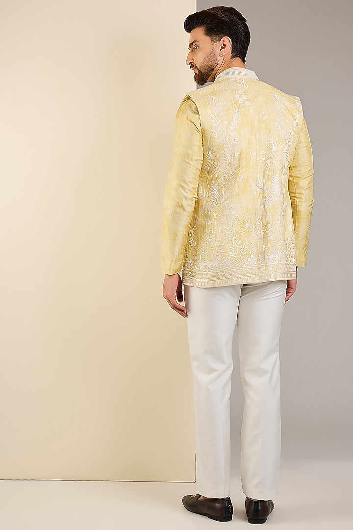 Yellow Silk Embroidered Nehru Jacket Set by Jayesh and Kaajal Shah Men at Pernia's Pop Up Shop