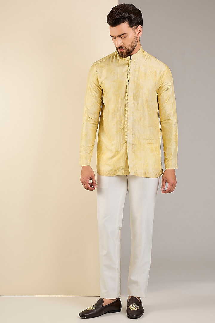 Yellow Silk Embroidered Nehru Jacket Set by Jayesh and Kaajal Shah Men at Pernia's Pop Up Shop
