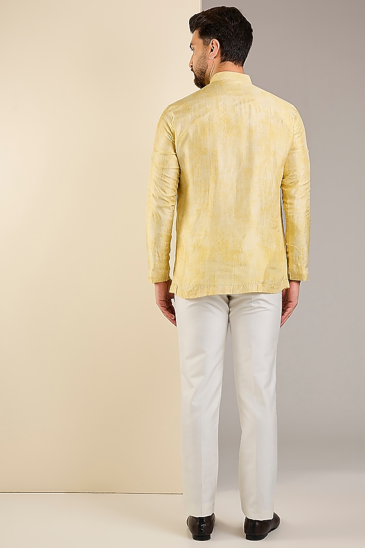 Yellow Silk Embroidered Nehru Jacket Set by Jayesh and Kaajal Shah Men at Pernia's Pop Up Shop