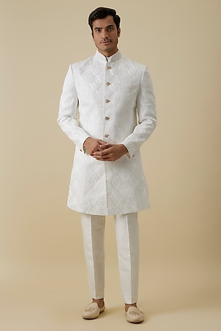 Ivory Linen & Nokia Sherwani Set by Jayesh and Kaajal Shah Men