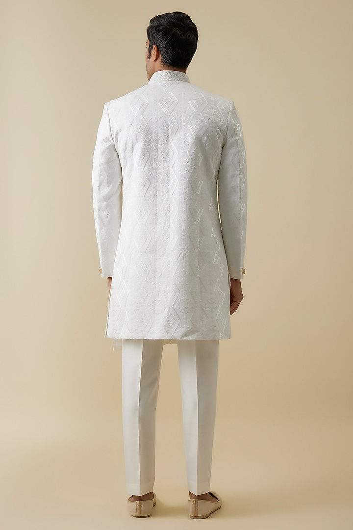 Ivory Linen & Nokia Wedding Sherwani Set by Jayesh and Kaajal Shah Men at Pernia's Pop Up Shop