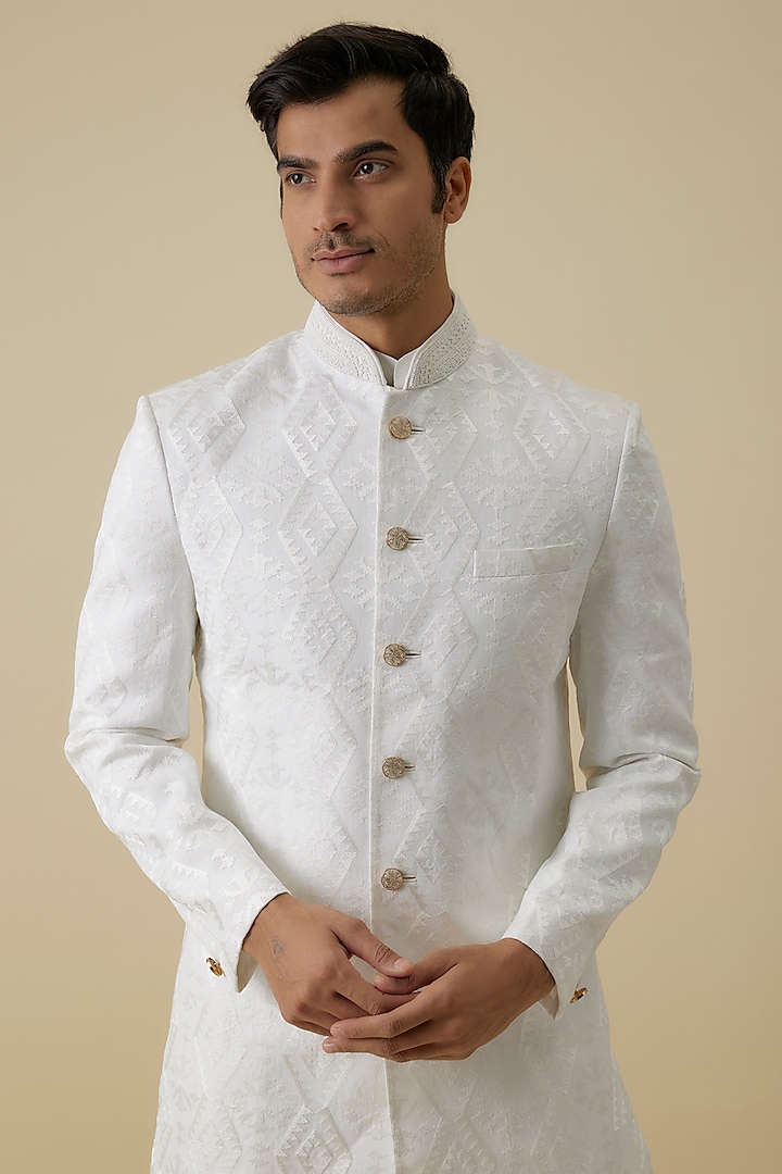 Ivory Linen & Nokia Wedding Sherwani Set by Jayesh and Kaajal Shah Men at Pernia's Pop Up Shop