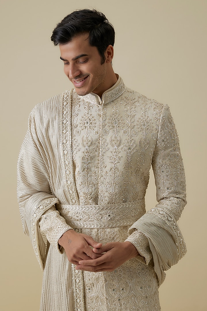 Beige Lucknowi Groom Sherwani Set by Jayesh and Kaajal Shah Men at Pernia's Pop Up Shop