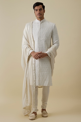 Ivory Lucknowi Sherwani Set by Jayesh and Kaajal Shah Men