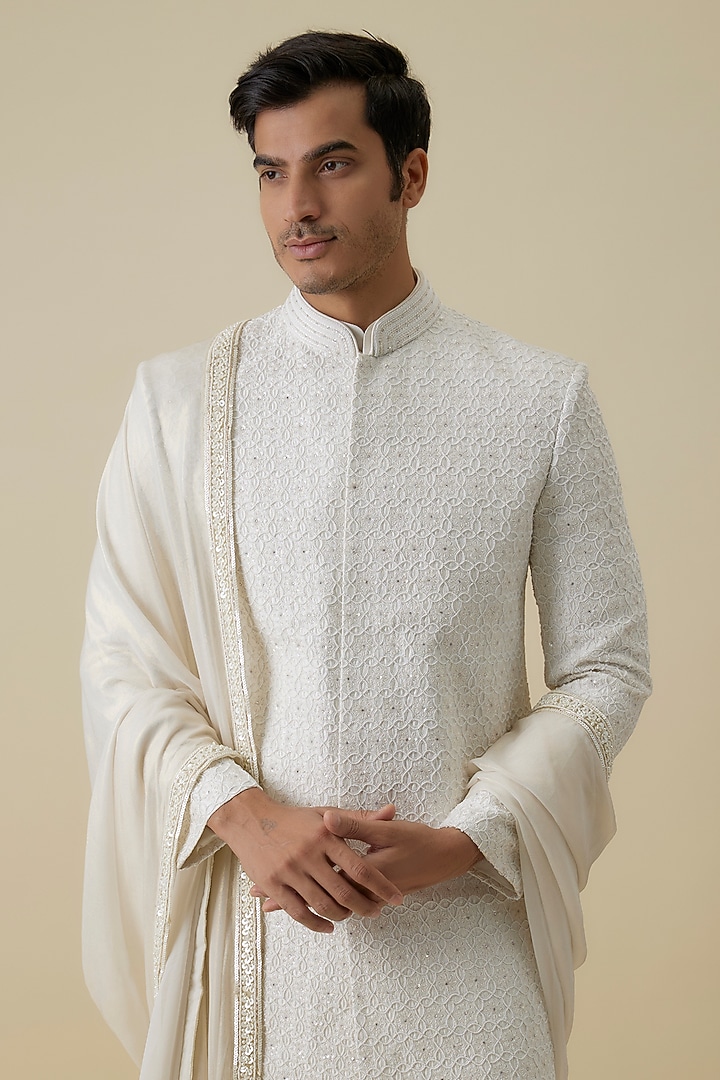 Ivory Lucknowi Groom Sherwani Set by Jayesh and Kaajal Shah Men at Pernia's Pop Up Shop