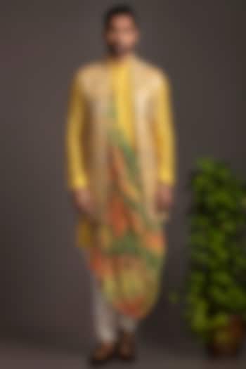 Yellow Silk Blended Embroidered Bundi Jacket With Kurta Set by Jayesh and Kaajal Shah