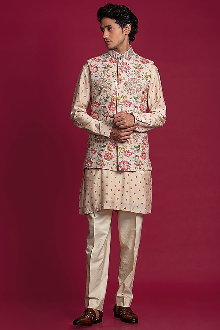 Multi-Colored Matka Silk Printed Bundi Jacket With Kurta Set by Jayesh and Kaajal Shah