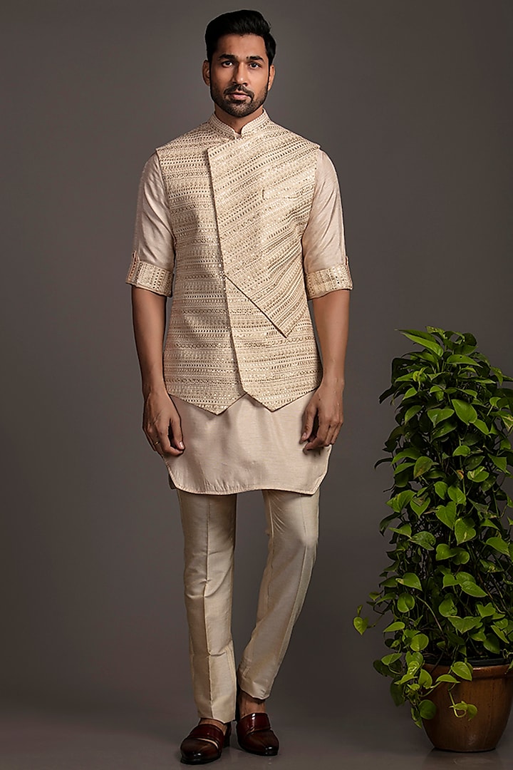 Beige Silk Blend Embroidered Bundi Jacket With Kurta Set by Jayesh and Kaajal Shah