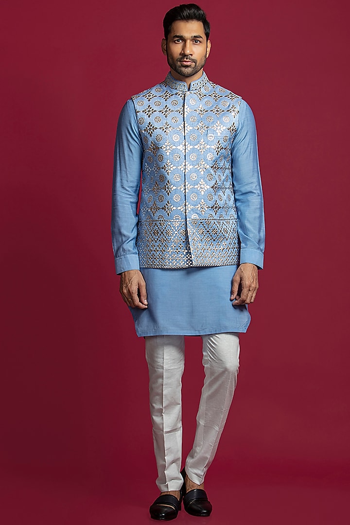 Light Blue Silk Blend Embroidered Bundi Jacket With Kurta Set by Jayesh and Kaajal Shah