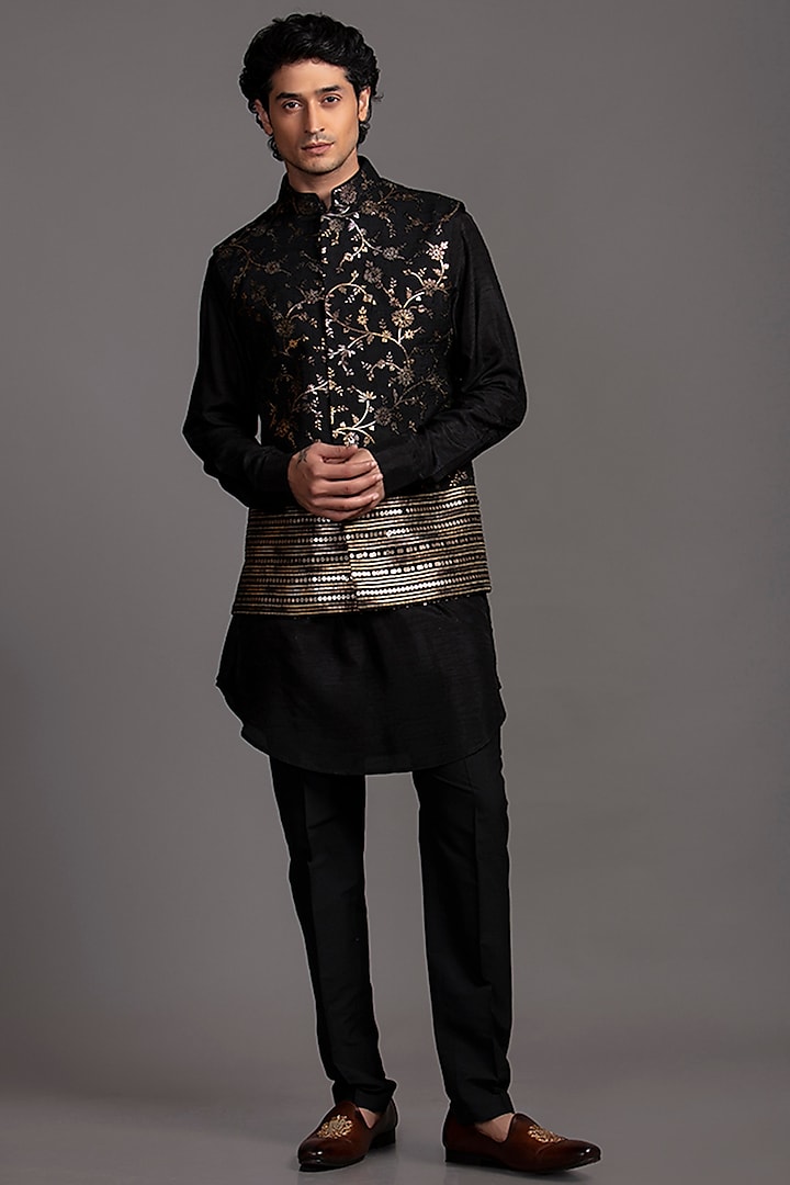 Black Silk Blend Embroidered Bundi Jacket With Kurta Set by Jayesh and Kaajal Shah