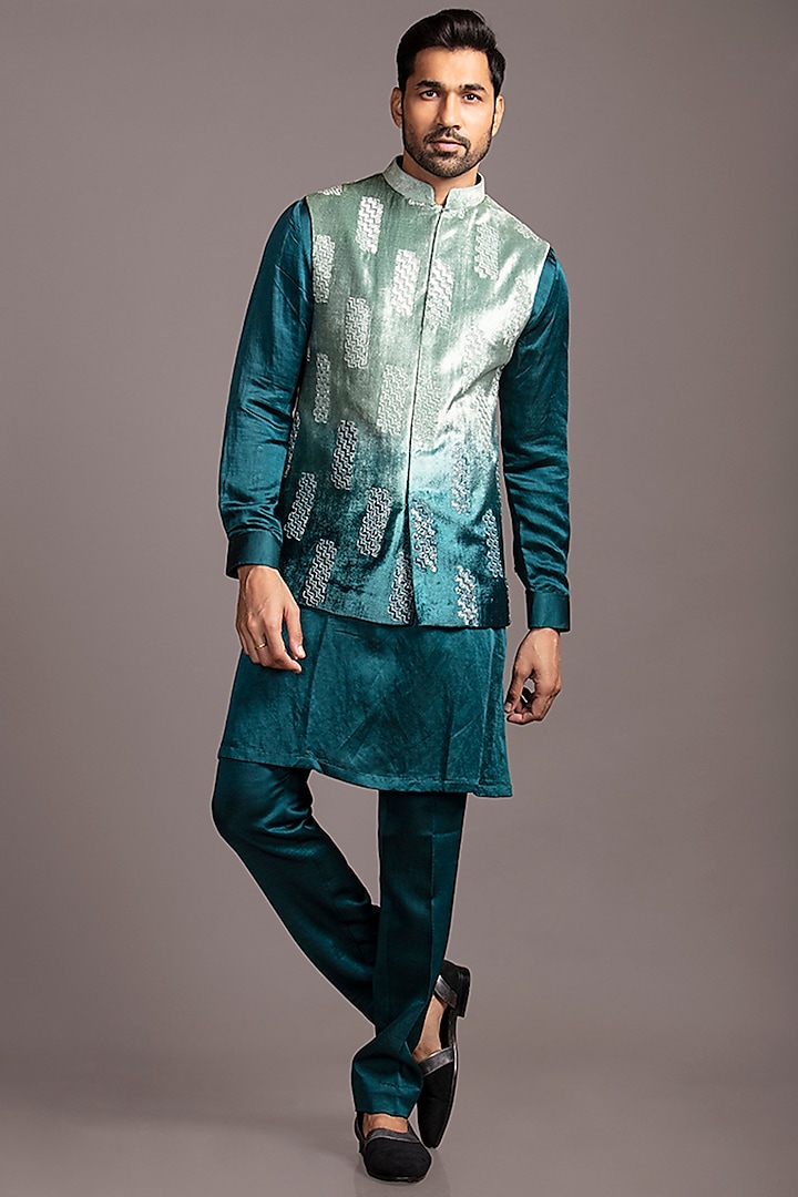 Teal Blue Velvet Ombre Bundi Jacket With Kurta Set by Jayesh and Kaajal Shah
