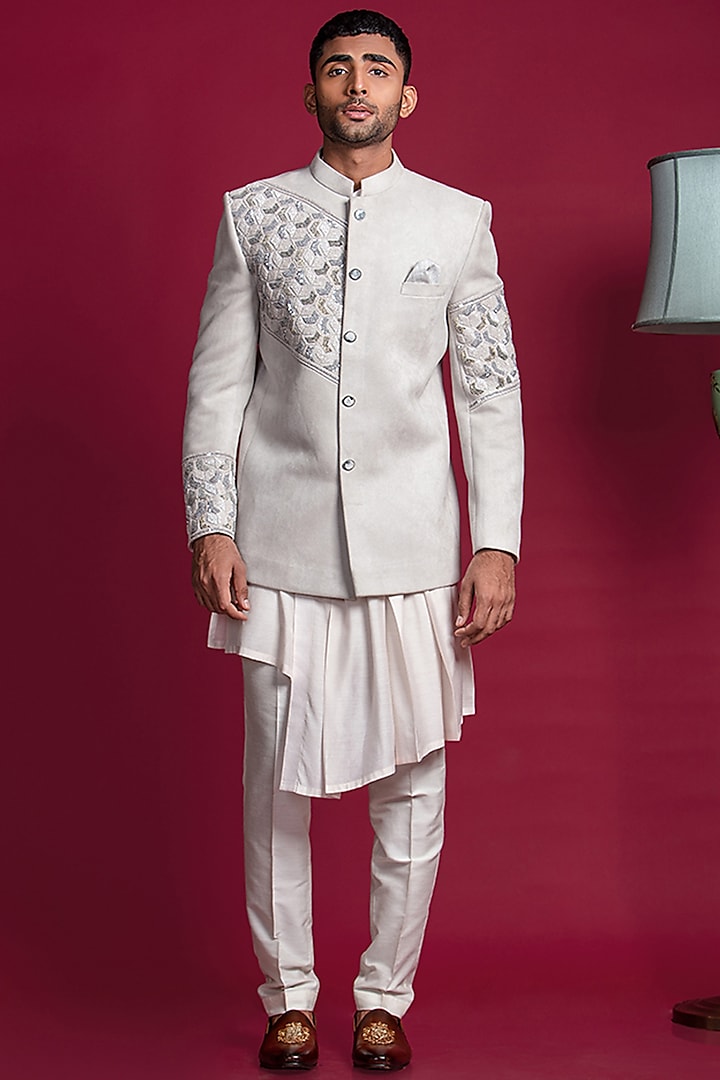 English Grey Suede Velvet Embroidered Indowestern Set by Jayesh and Kaajal Shah