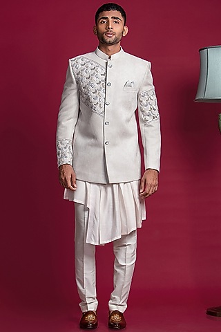 English Grey Suede Velvet Embroidered Indowestern Set by Jayesh and Kaajal Shah Men