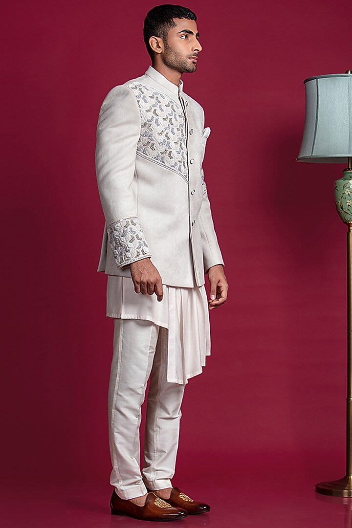 English Grey Suede Velvet Embroidered Wedding Indowestern Set by Jayesh and Kaajal Shah Men at Pernia's Pop Up Shop