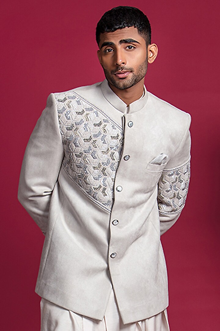 English Grey Suede Velvet Embroidered Wedding Indowestern Set by Jayesh and Kaajal Shah Men at Pernia's Pop Up Shop