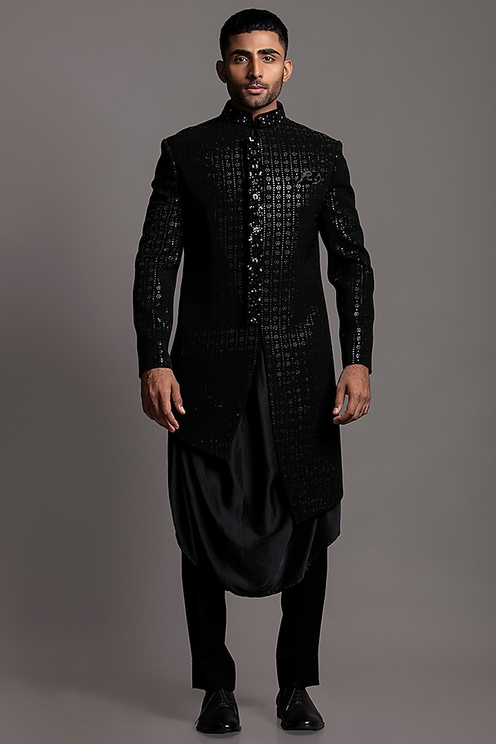 Black Polinosic Embroidered Indowestern Set by Jayesh and Kaajal Shah