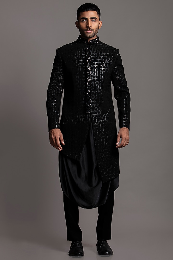 Black Polinosic Embroidered Indowestern Set by Jayesh and Kaajal Shah at Pernia's Pop Up Shop