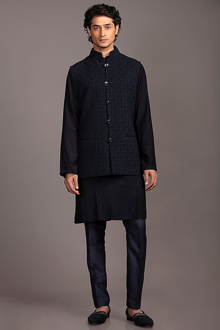 Navy Blue Lucknowi Embroidered Nehru Jacket Set by Jayesh and Kaajal Shah