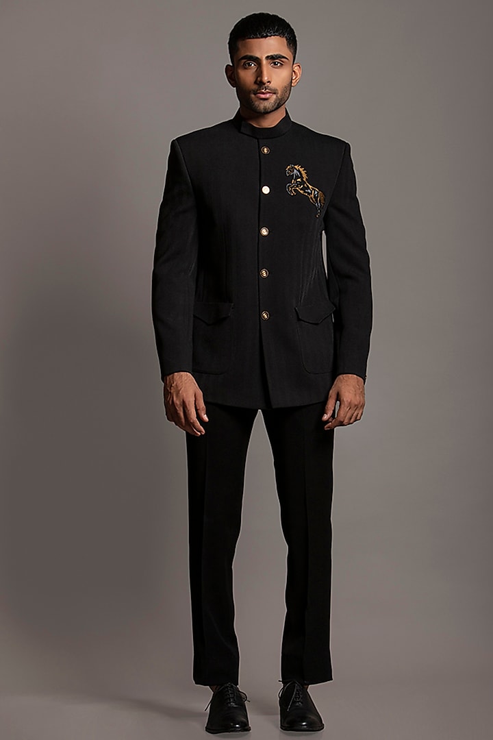 Black Stripe Polinosic Jodhpuri Set by Jayesh and Kaajal Shah