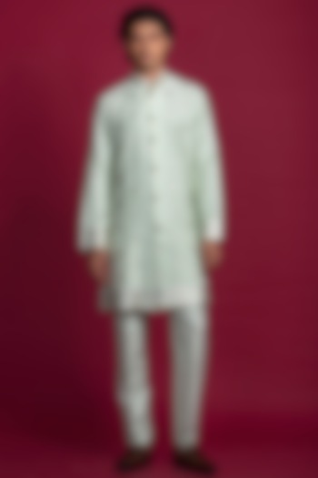 Pista Green Spun Silk Embroidered Kurta Set by Jayesh and Kaajal Shah Men at Pernia's Pop Up Shop