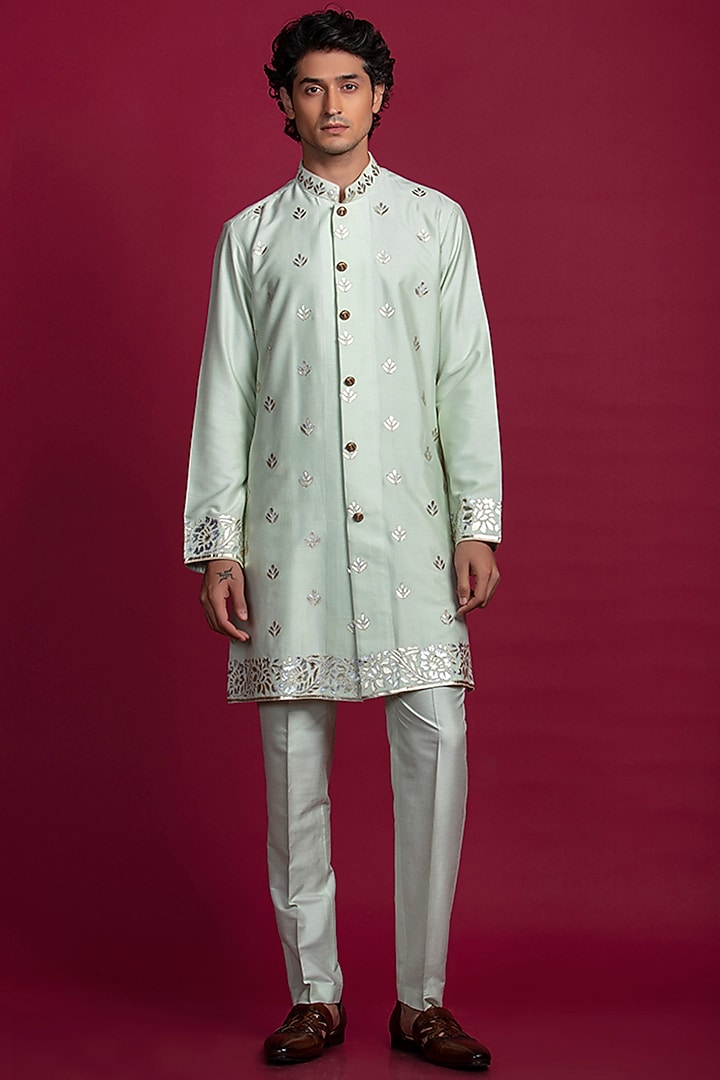 Pista Green Spun Silk Embroidered Kurta Set by Jayesh and Kaajal Shah Men at Pernia's Pop Up Shop