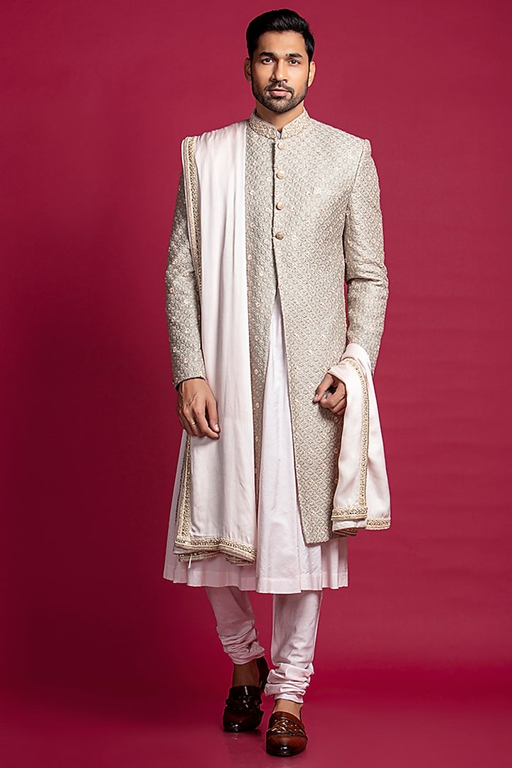 Light Grey Lucknowi Embroidered Sherwani Set by Jayesh and Kaajal Shah