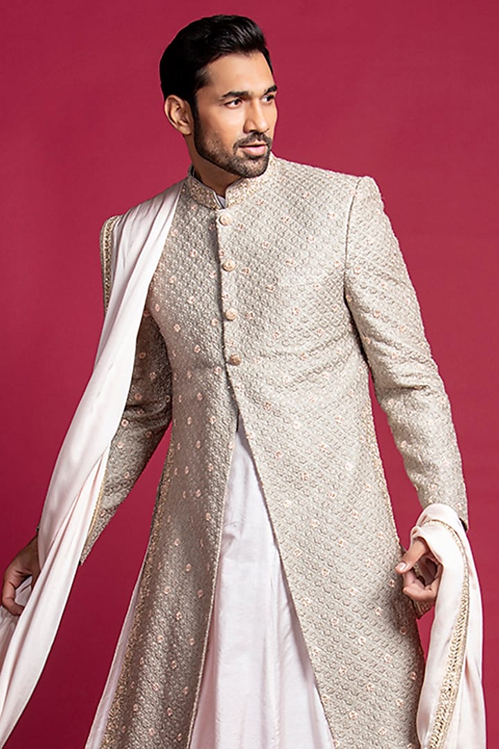 Buy Jayesh and Kaajal Shah Light Grey Lucknowi Embroidered Sherwani Set ...